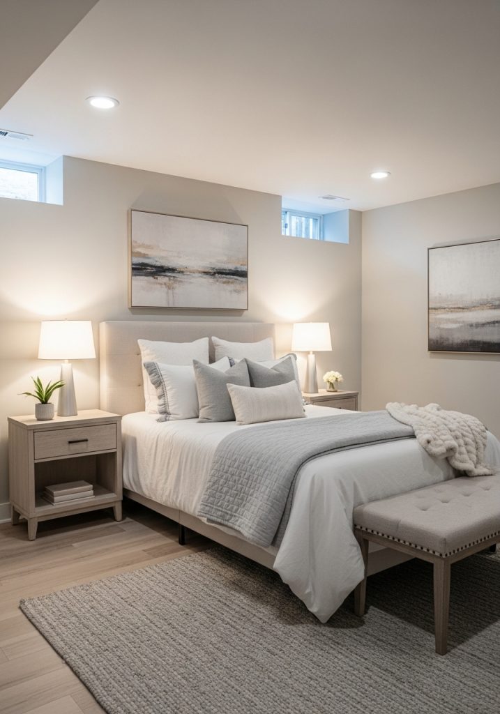 Comfortable basement guest bedroom with neutral decor