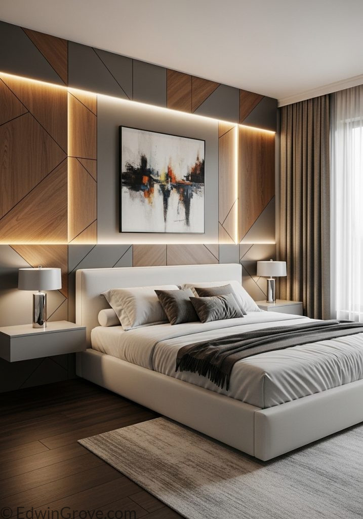 Contemporary bedroom wall with decorative panel background