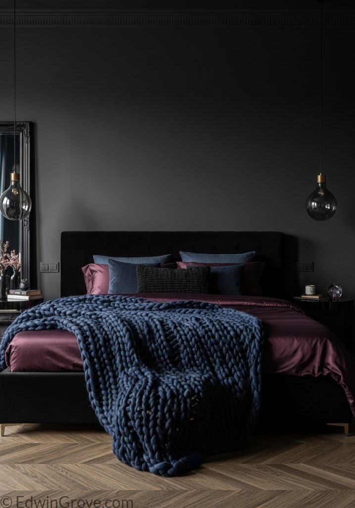 Contemporary dark bedroom with rich color combinations