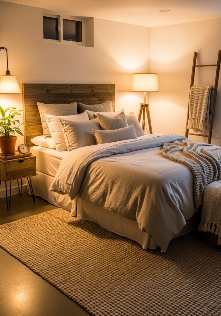 Cozy basement bedroom with warm lighting and soft bedding