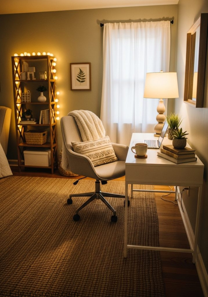 Cozy bedroom office setup with warm lighting and soft decor