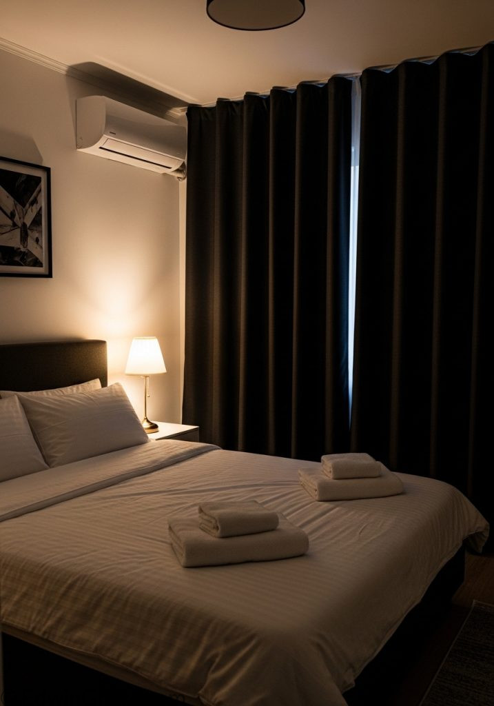 Cozy bedroom with dark blackout curtains