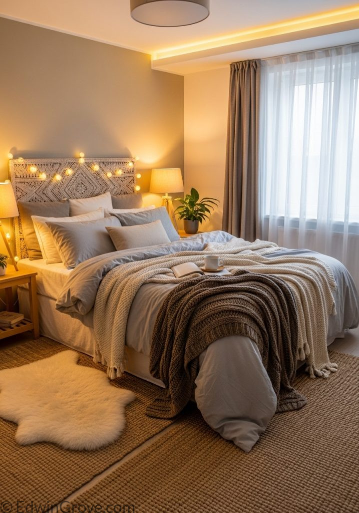 Cozy bedroom with soft textures and warm decor