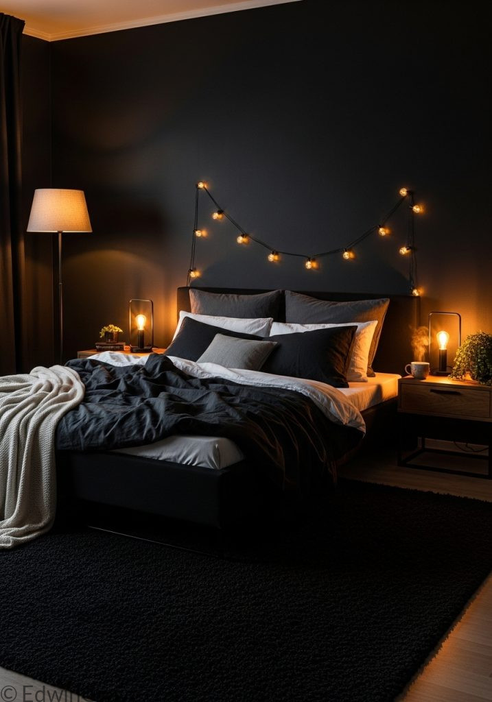 Cozy black bedroom with warm ambient lighting