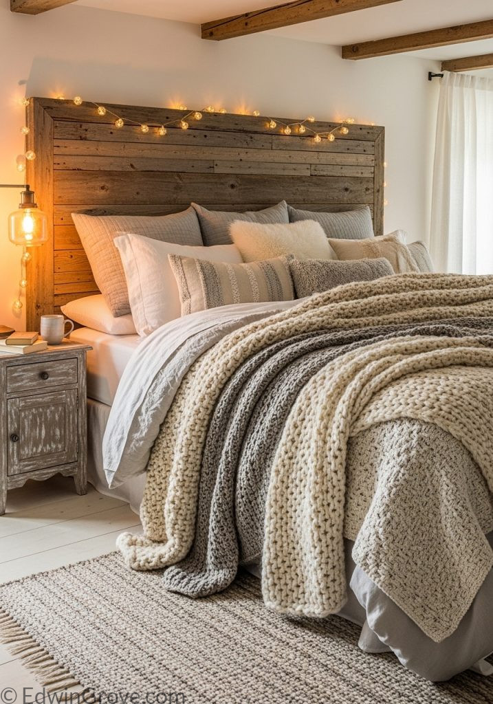 Cozy rustic bedroom with layered blankets and soft textiles