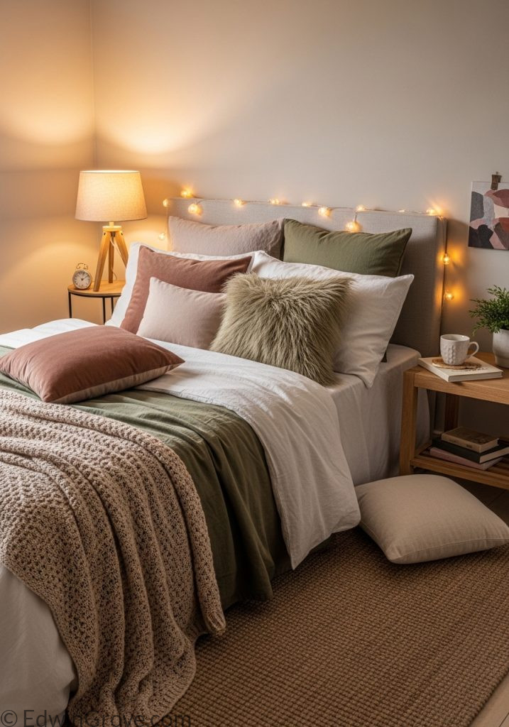 Cozy small guest bedroom with soft textiles and warm ambiance