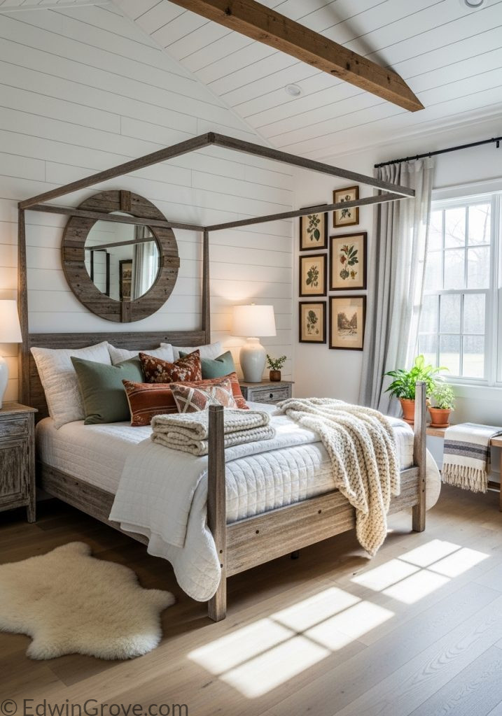 Cozy western farmhouse bedroom with rustic decor
