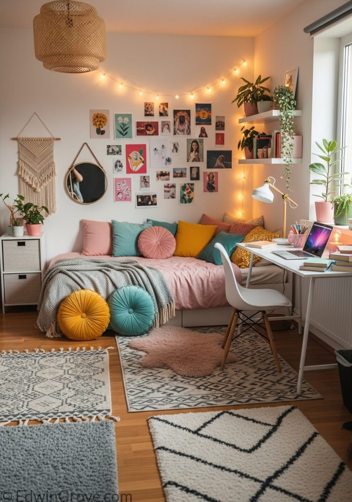 Creative personalized teen girl bedroom with wall collage and cozy decor