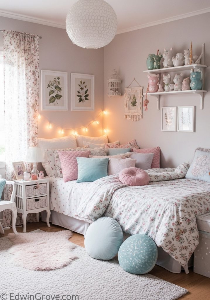 Cute teen girl bedroom with pastel theme and cozy decor