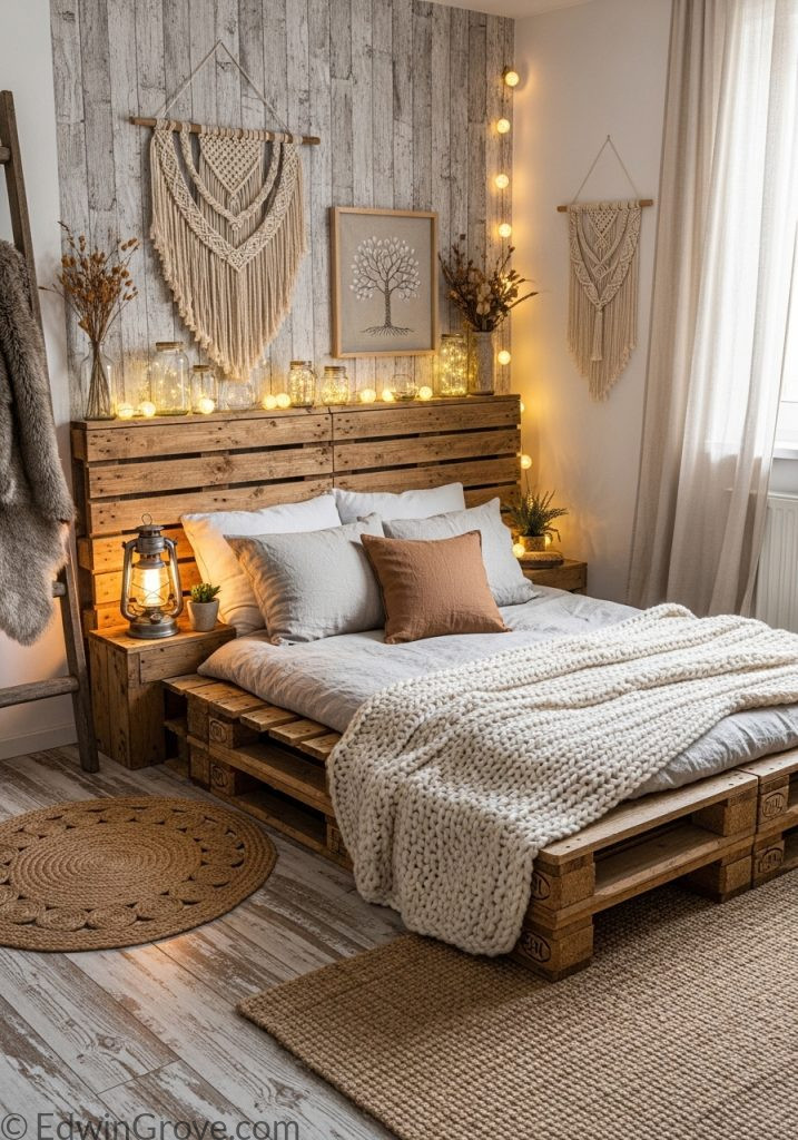 DIY rustic bedroom with handmade wooden decor elements