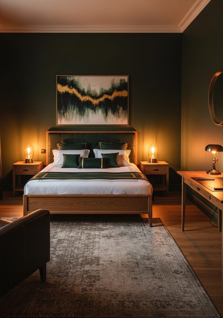 Dark green masculine bedroom with wooden furniture