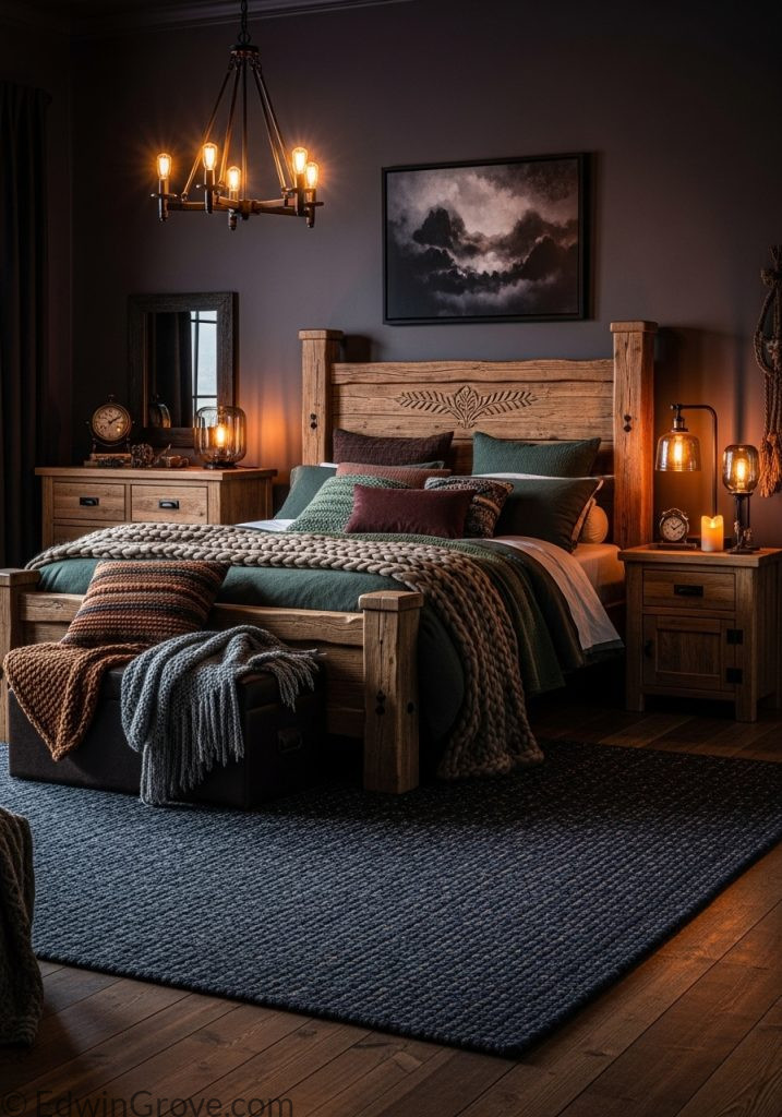 Dark rustic bedroom with deep tones and warm lighting