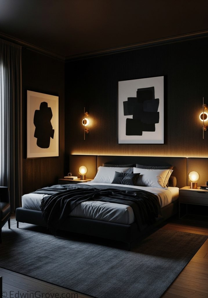 Dark theme masculine bedroom with modern lighting