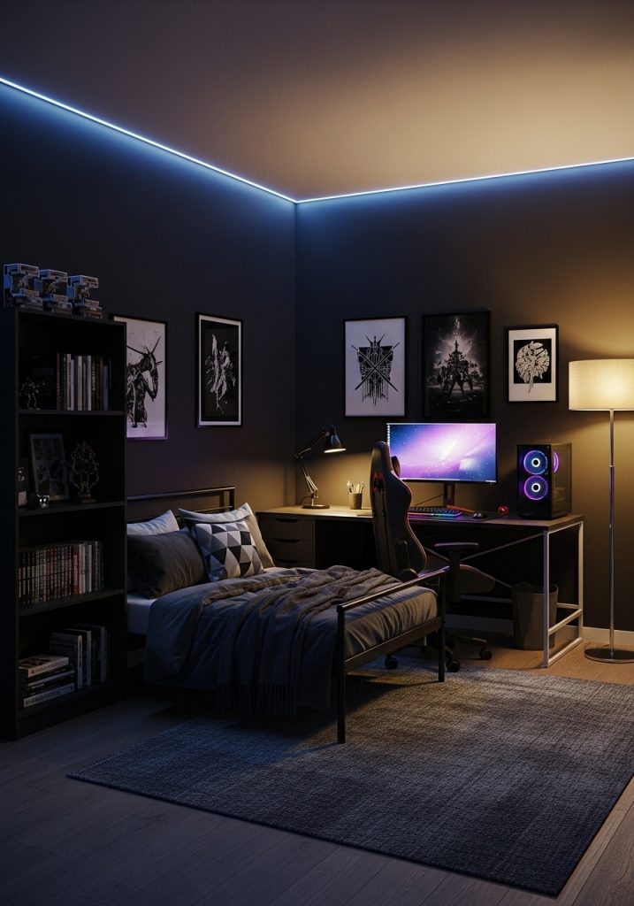 Dark themed teenage boy bedroom with black walls and modern lighting