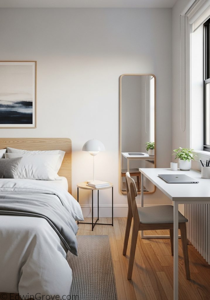 Decluttered and organized small bedroom