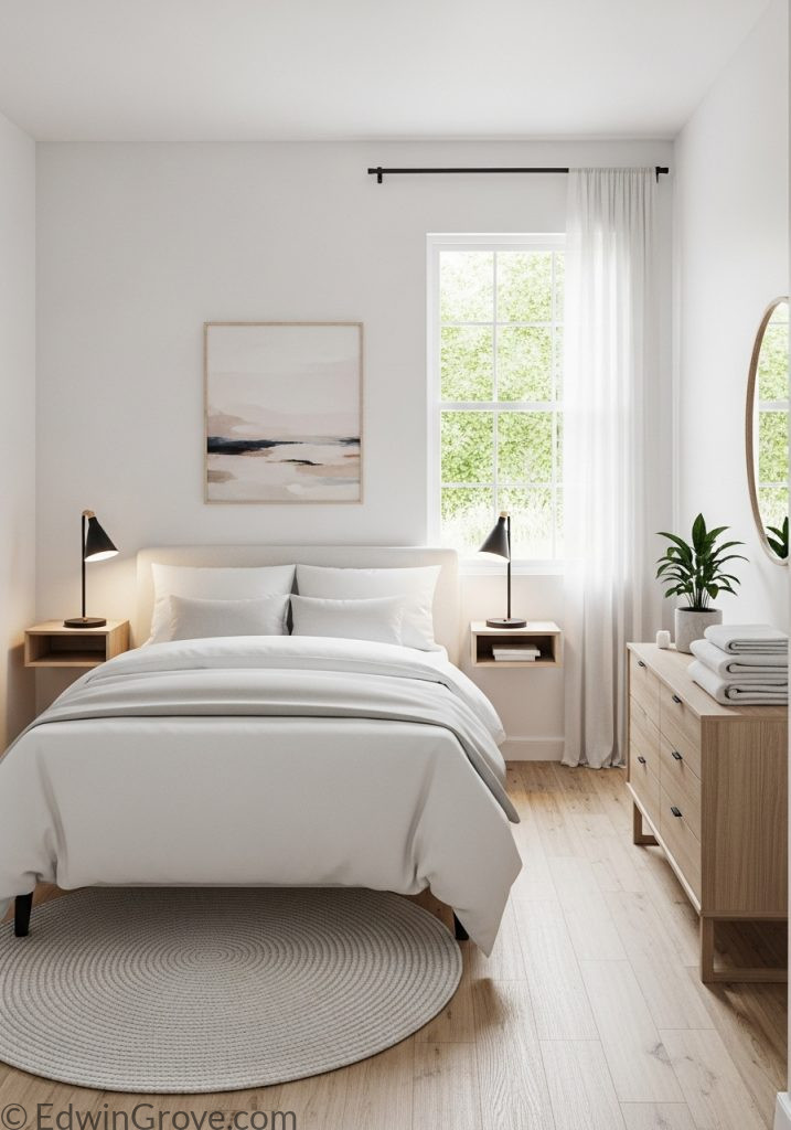 Decluttered small guest bedroom with minimal and clean design