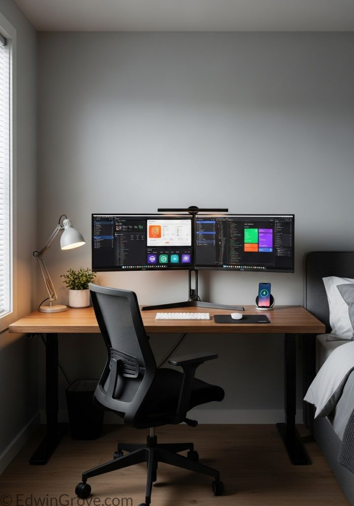 Dual monitor setup in bedroom office for productivity