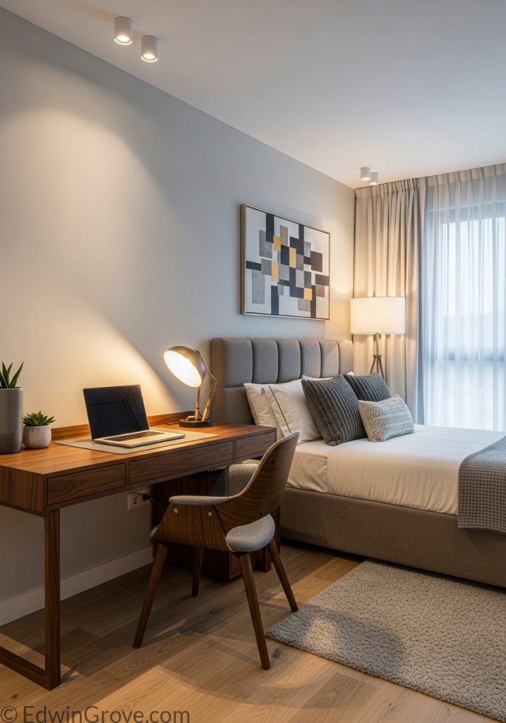 Dual-purpose modern bedroom office layout with integrated workspace