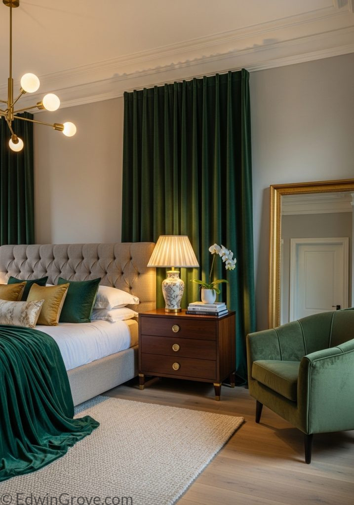 Elegant bedroom with deep green velvet curtains and luxury decor