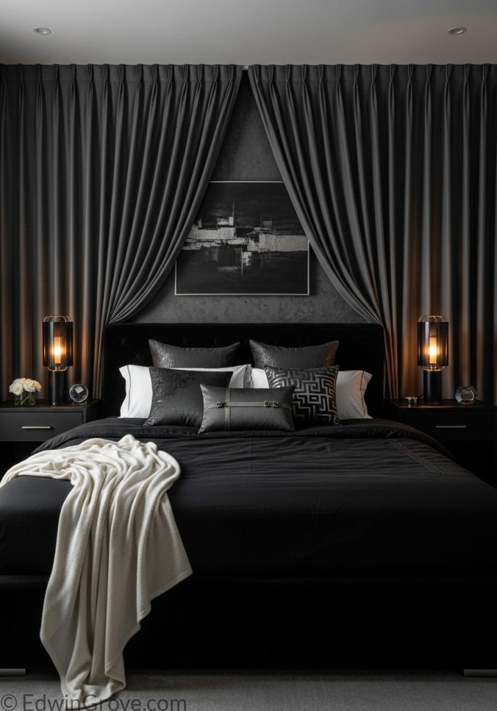 Elegant black bedroom with soft curtains and bedding