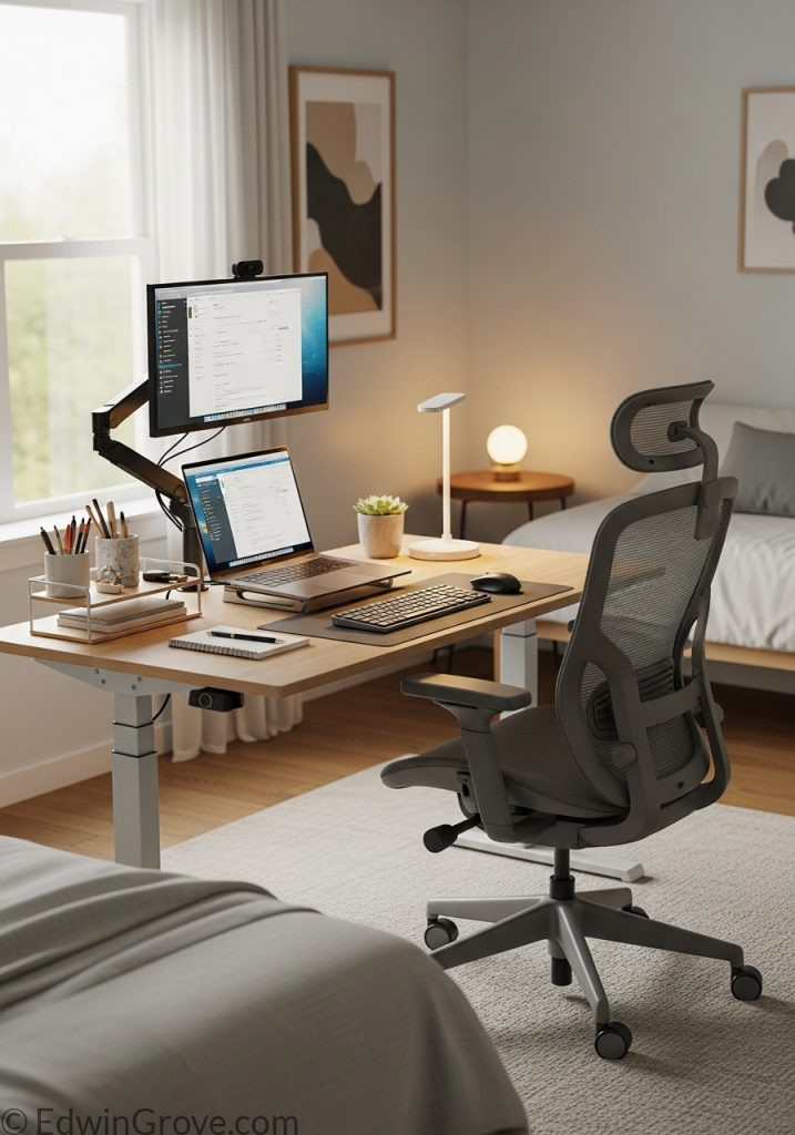 Ergonomic bedroom office setup with comfortable chair and desk