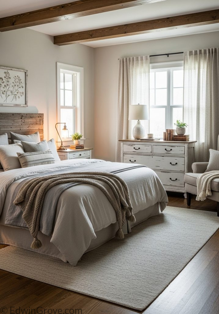 Farmhouse master bedroom with cozy and simple decor