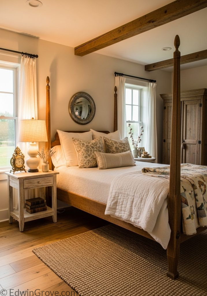 Farmhouse rustic bedroom with vintage decor and antique furniture