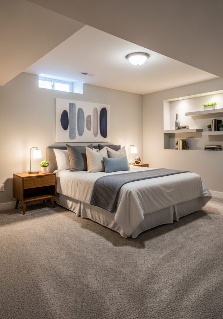 Finished basement bedroom with warm flooring