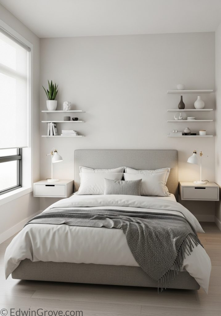 Floating furniture layout in a modern small bedroom