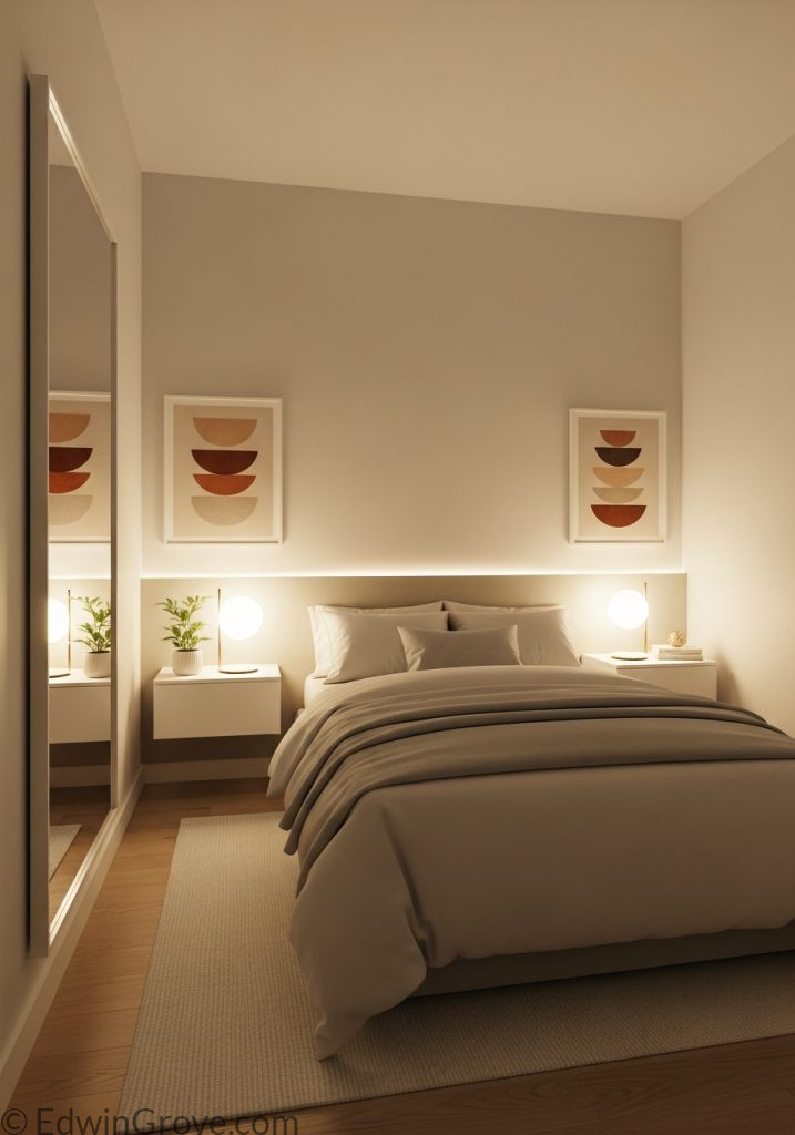 Floating nightstands in a minimalist small master bedroom