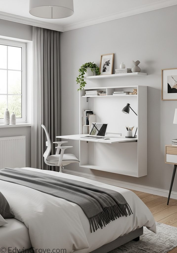 Foldable wall desk in bedroom for space saving office setup