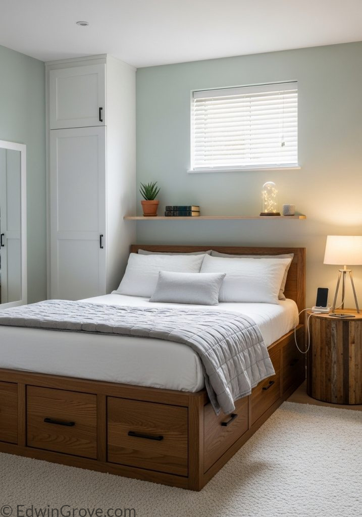 Guest bedroom with under-bed storage for space-saving organization