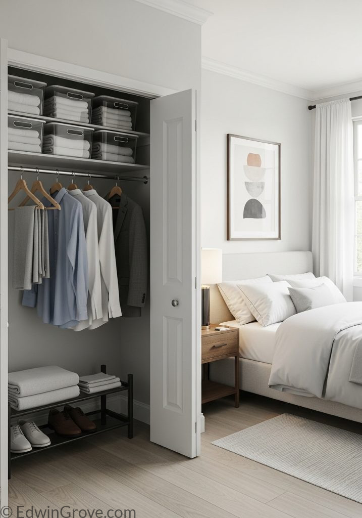 Guest room closet with organized storage solutions