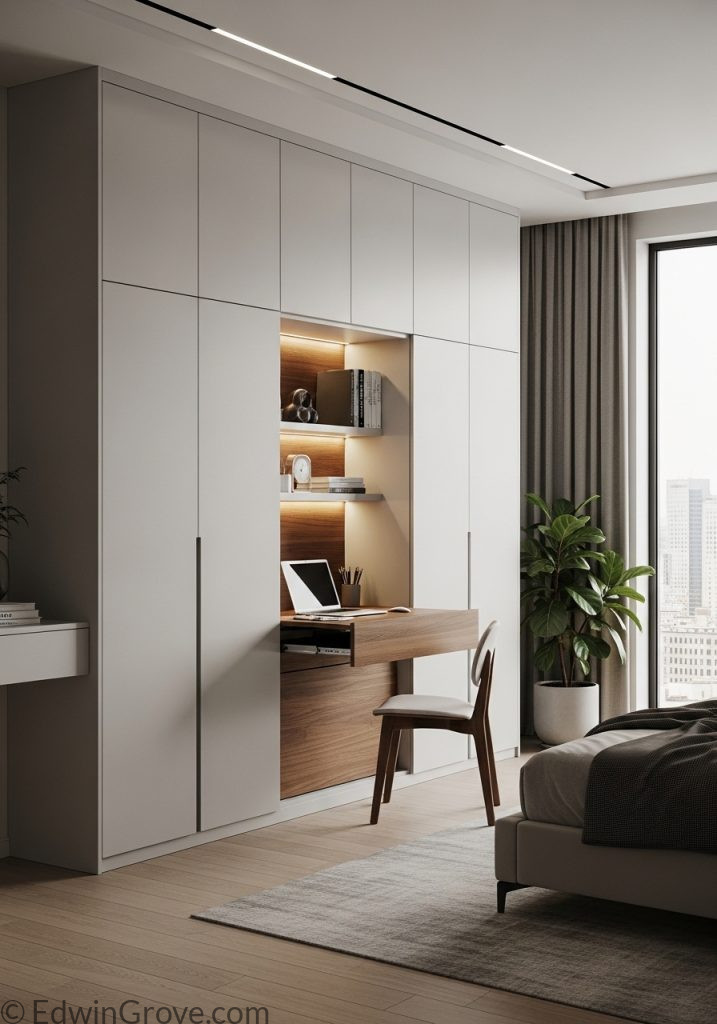 Hidden desk in bedroom cabinet for clean workspace design