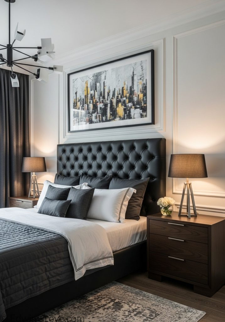 High end masculine bedroom with luxury decor