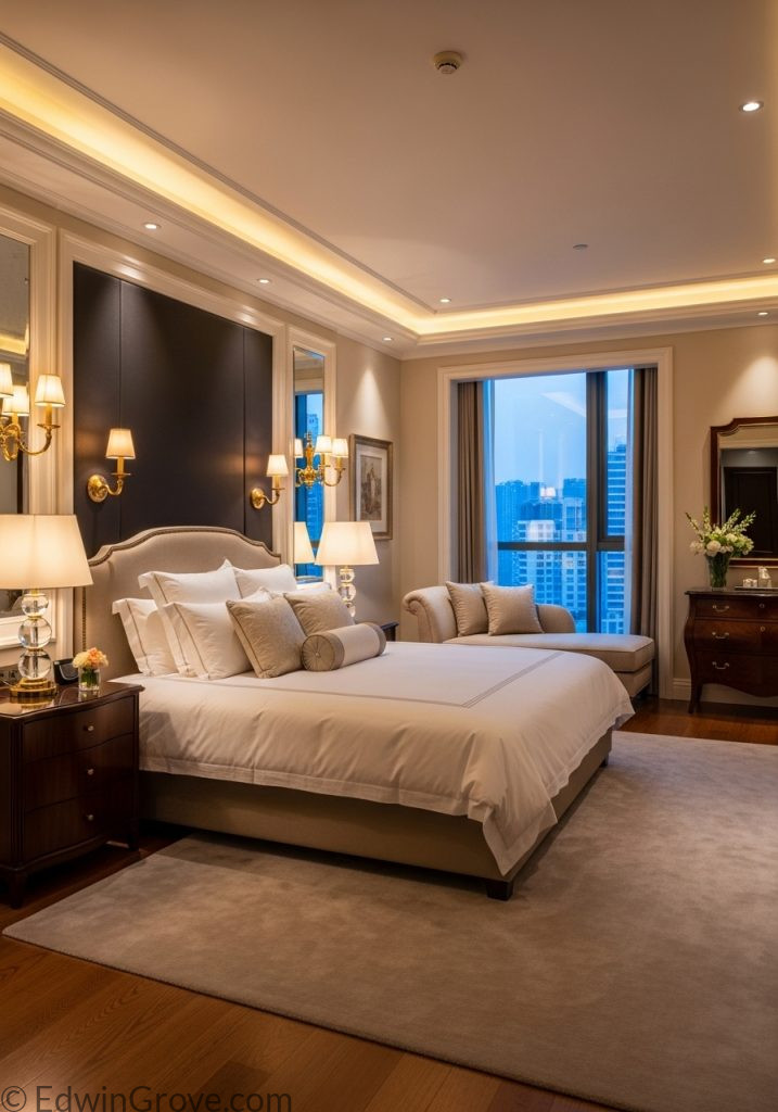 Hotel-style bedroom with luxurious furnishings and decor