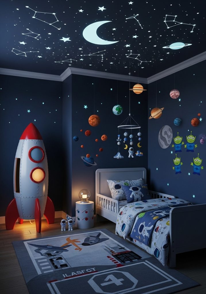 Space themed toddler bedroom with stars and rocket decorations.