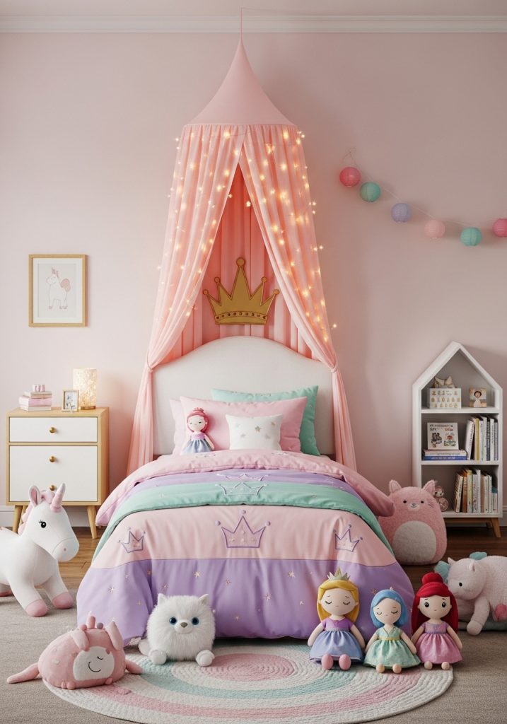 Princess toddler bedroom with canopy bed and fairy lights.