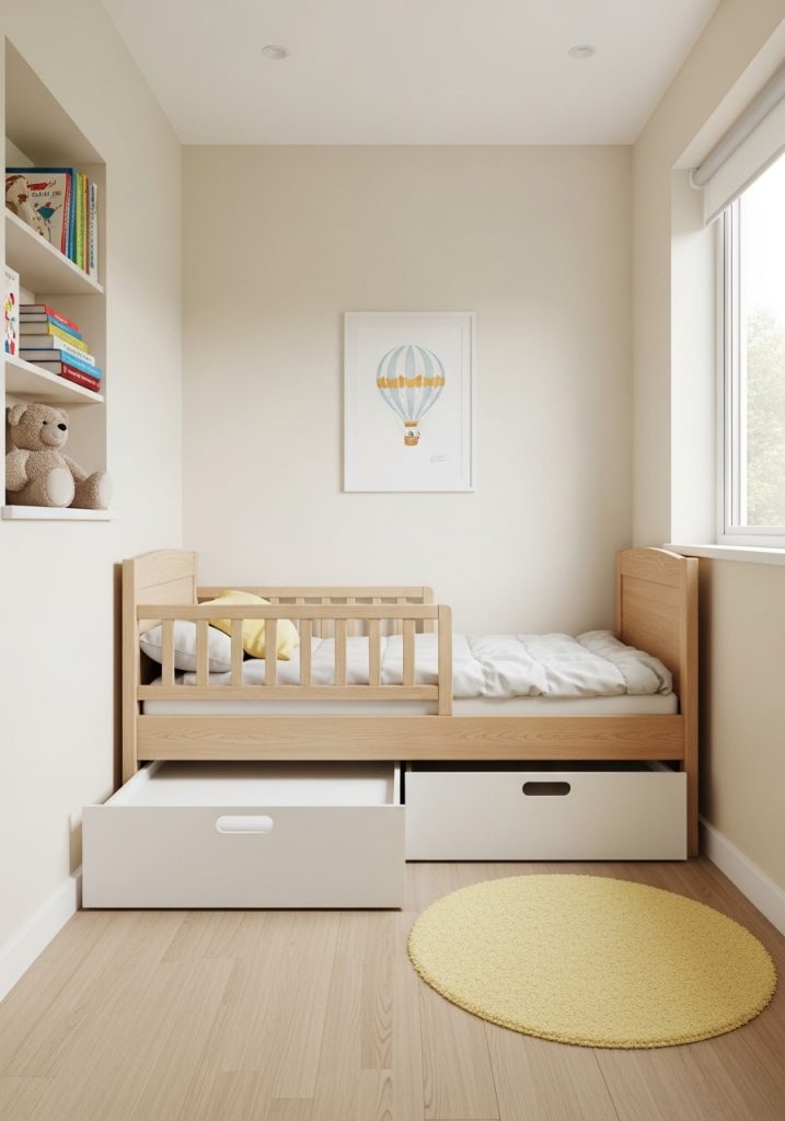 Toddler bed with storage for small bedroom spaces.