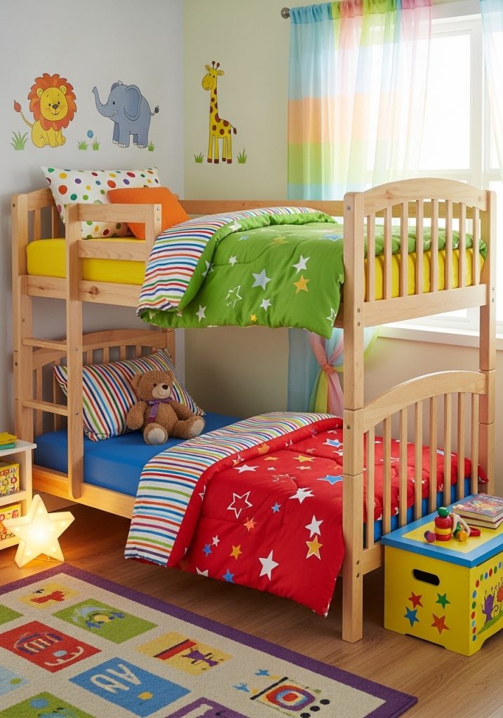 Toddler bunk bed design with safe rails and colorful bedding.