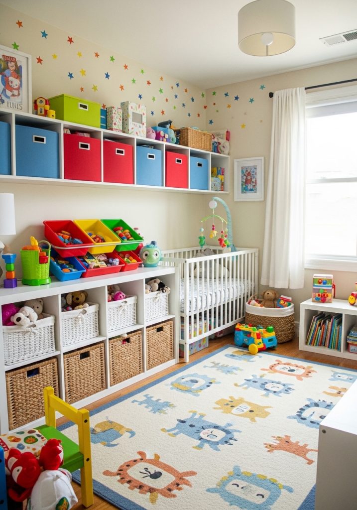 Toddler toy storage shelves with labeled bins.