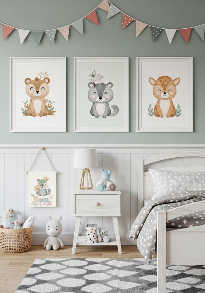Toddler bedroom wall decor with cute framed artwork.