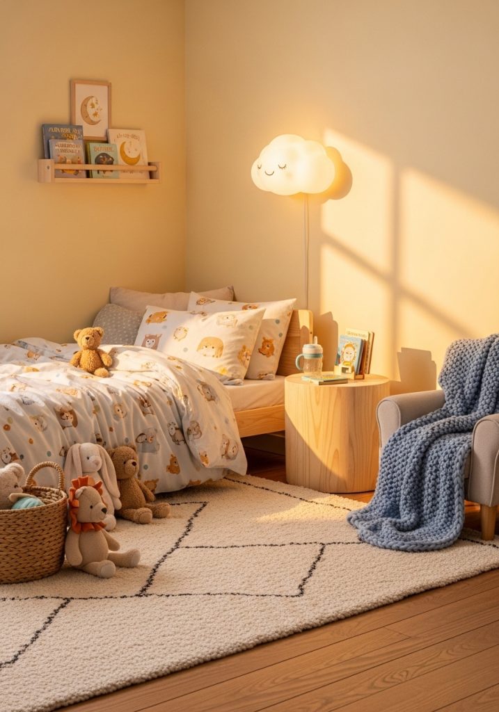 Cozy toddler bedroom decor with soft textures and warm lighting.