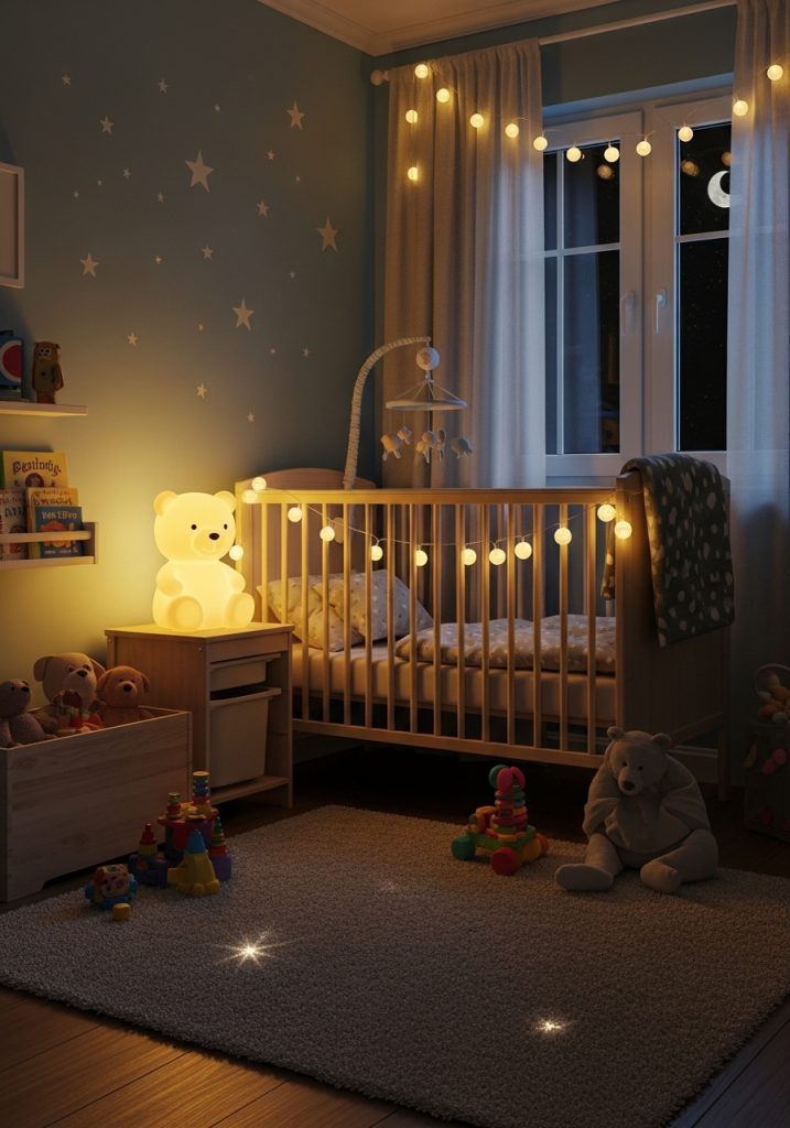 Toddler bedroom lighting with soft warm lamp.