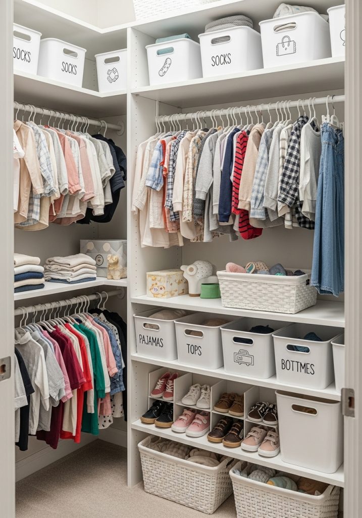 Toddler closet organization with labeled storage bins.