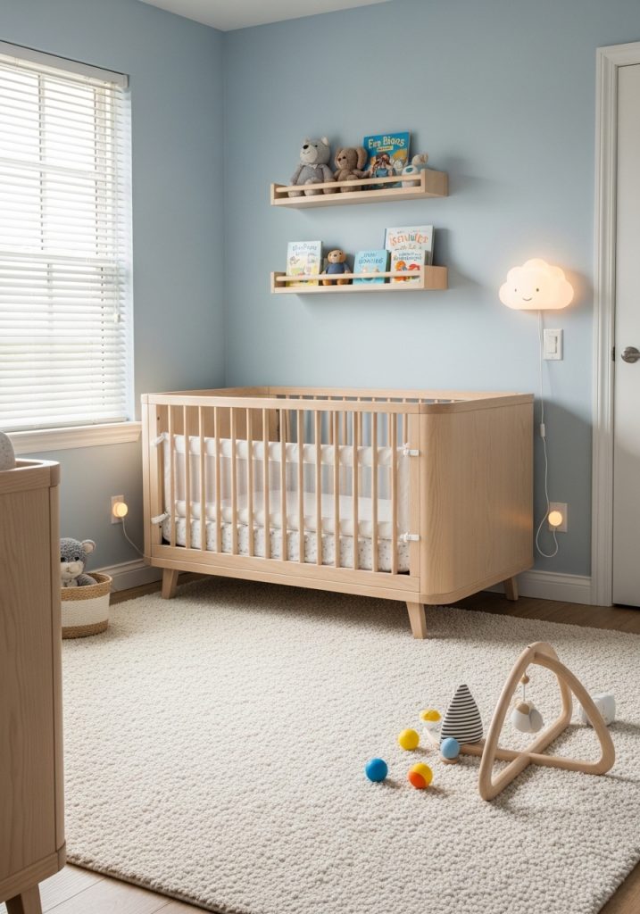 Safe toddler bedroom setup with child-friendly furniture.