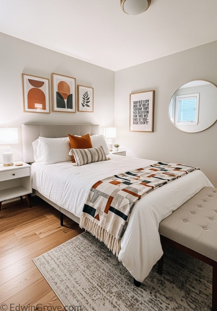Small guest bedroom with creative wall decor and modern style