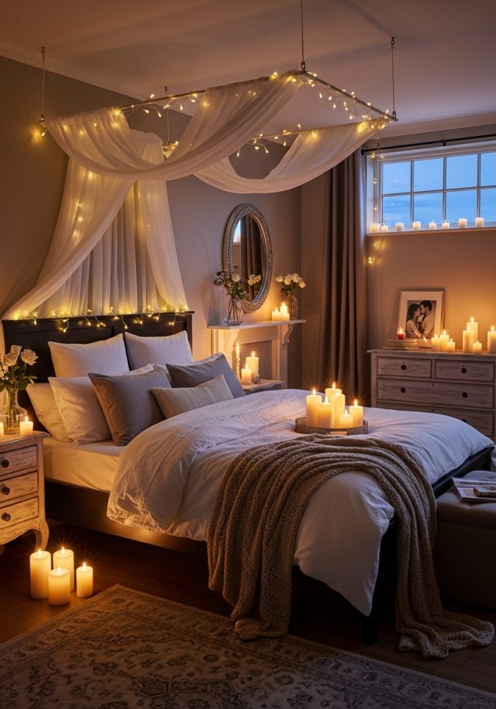 Couple's bedroom with warm candlelight and fairy lights creating a romantic ambiance