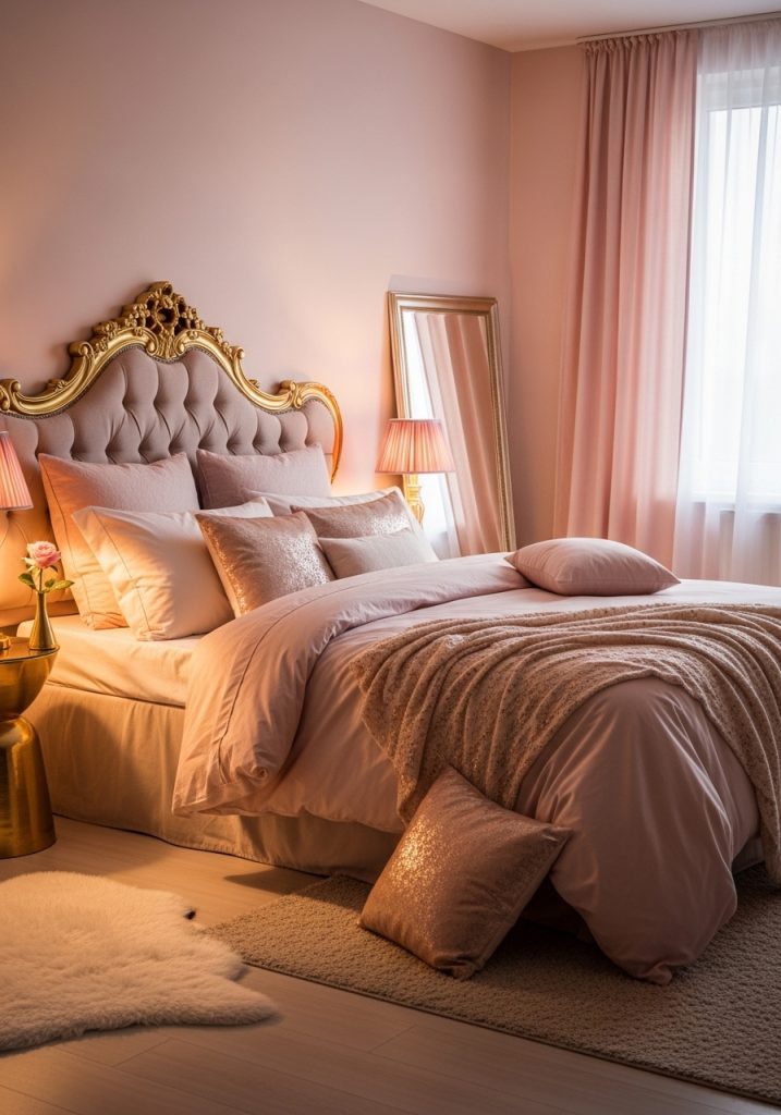 Blush pink couple bedroom with gold accents and soft linens for a romantic vibe