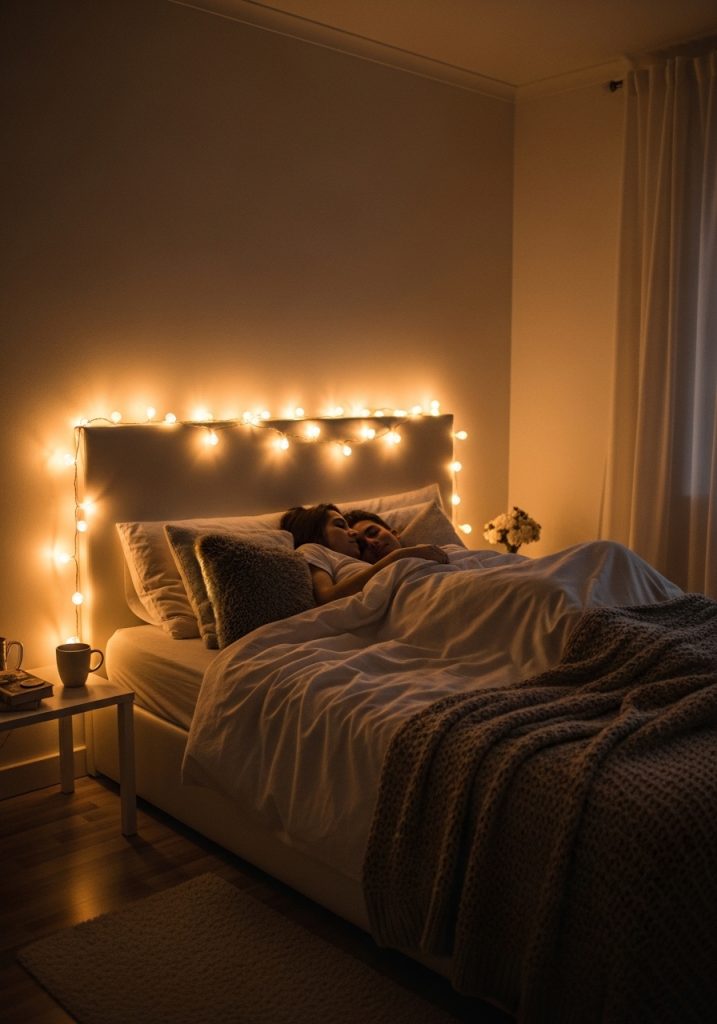 Romantic bedroom decorated with twinkling fairy lights above the bed